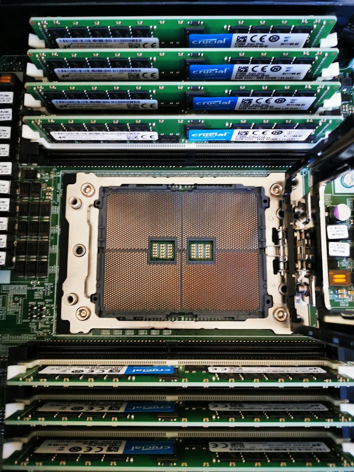 Home High-resolution image showing a close-up view of a computer servers processor and RAM assembly.