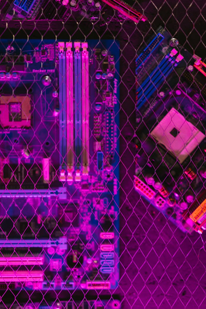 Close-up of a computer motherboard with vibrant neon lighting, showcasing modern technology and circuitry.